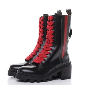 Gucci Magnum Calfskin Cirano Lux Web Lace Up Tall Combat Boots 6.5 Black Verde